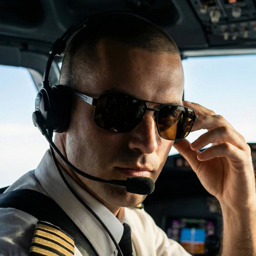 A photograph of an airline pilot wearing Scheyden C-130 sunglasses wearing a headset